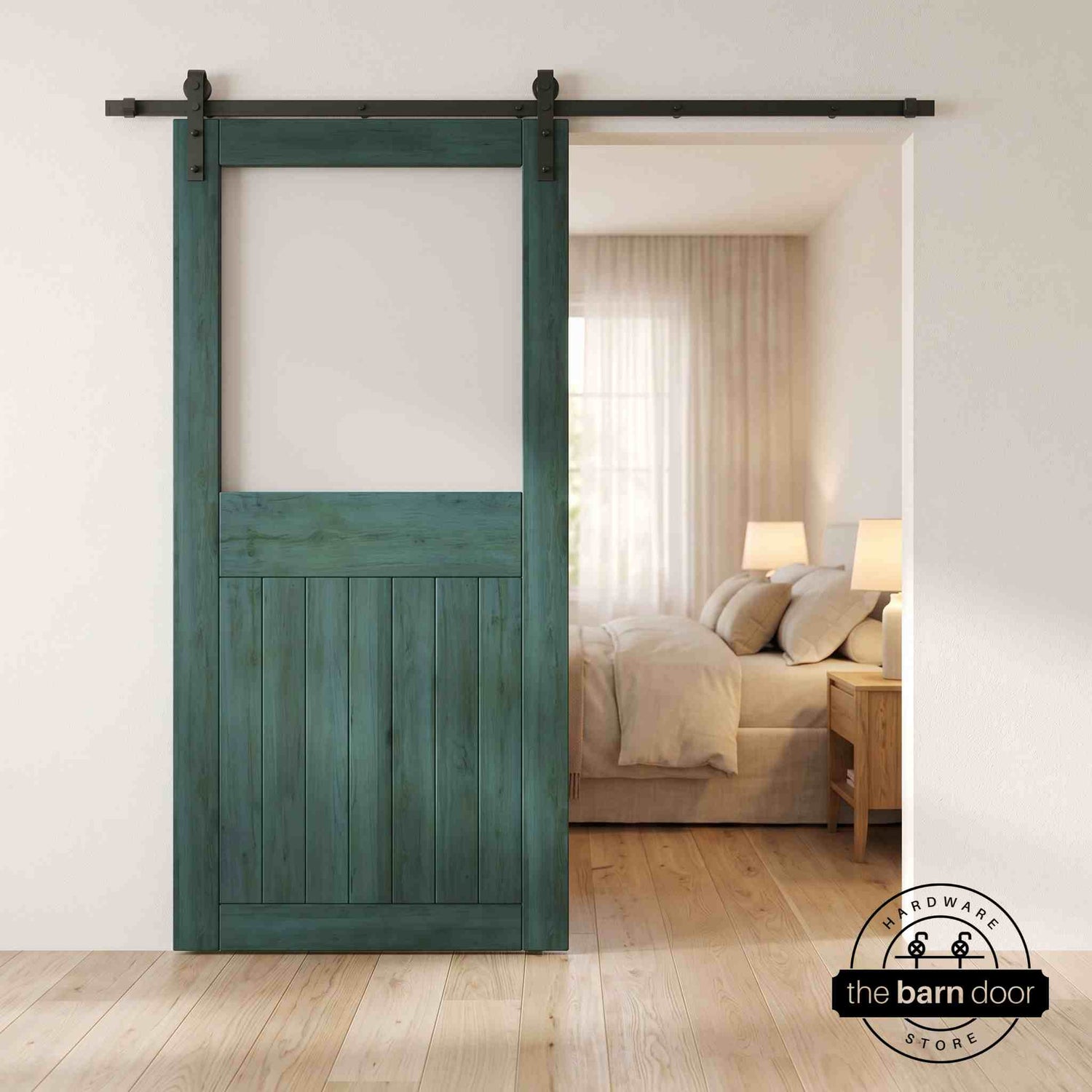 Royal Pine sliding half-lite frosted glass barn door in a modern interior setting with a desk and shelves.