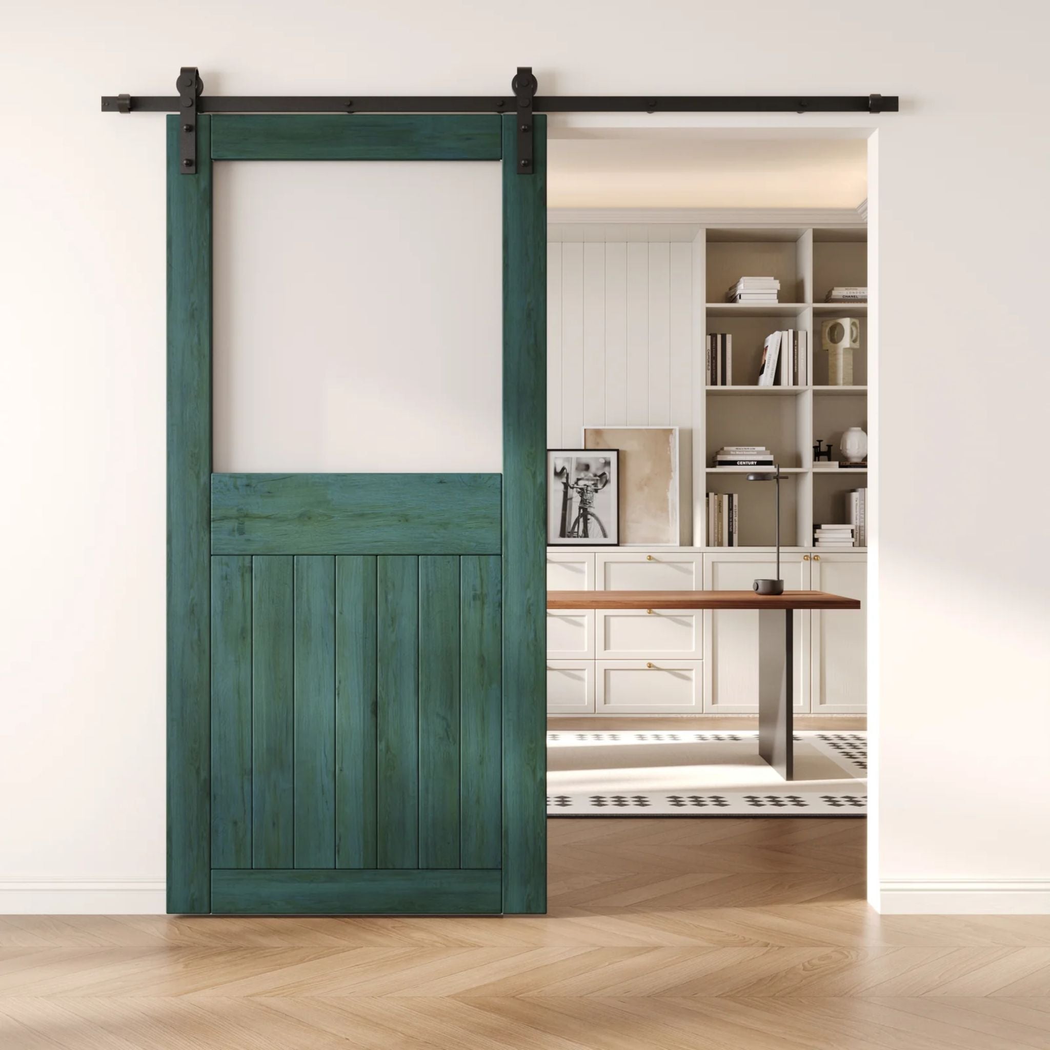 Royal Pine sliding half-lite frosted glass barn door in a modern interior setting with a desk and shelves.