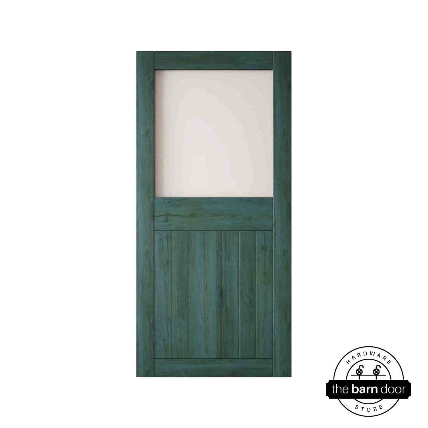 Royal pine wooden half-lite frosted glass barn door with horizontal slats on a white background