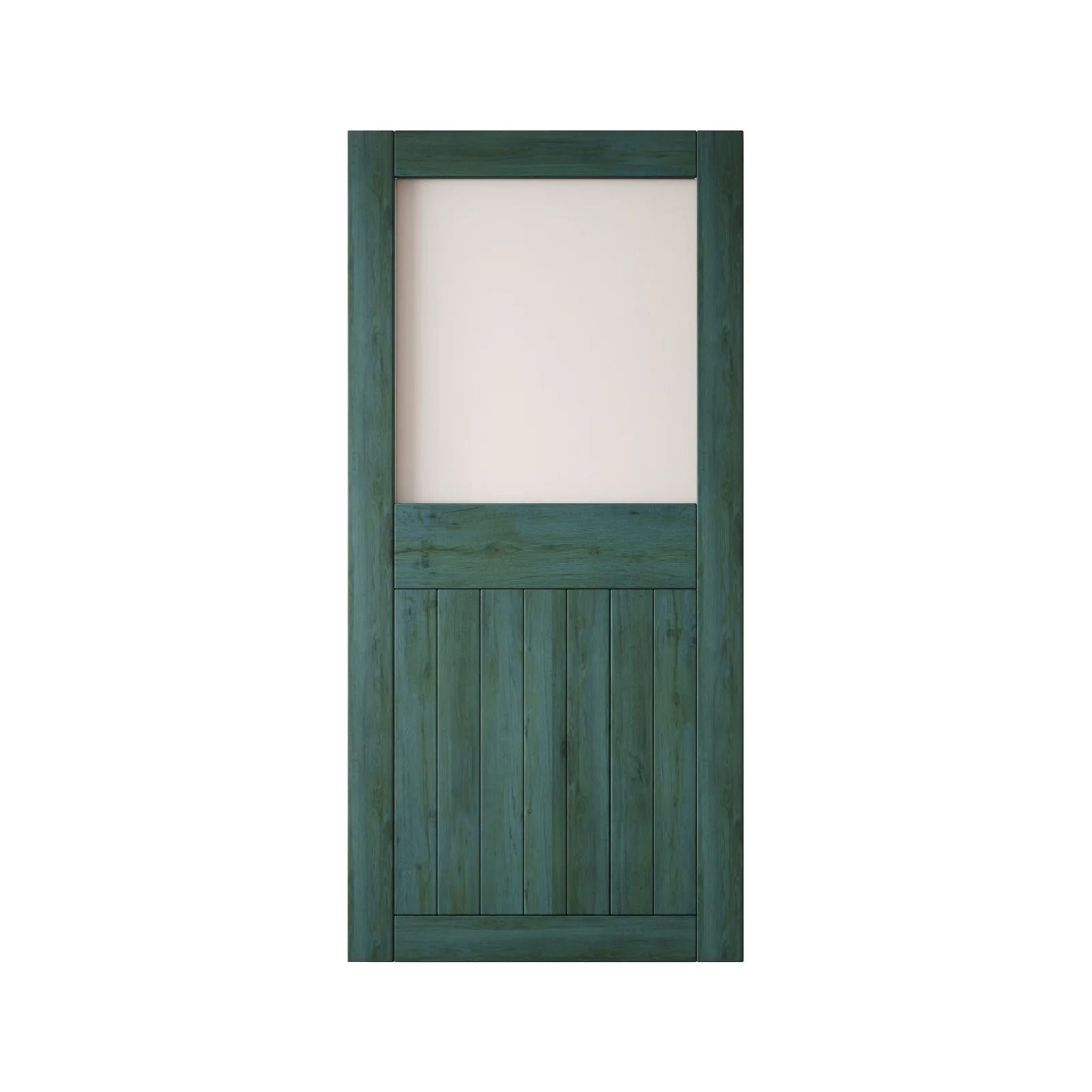 Royal pine wooden half-lite frosted glass barn door with horizontal slats on a white background