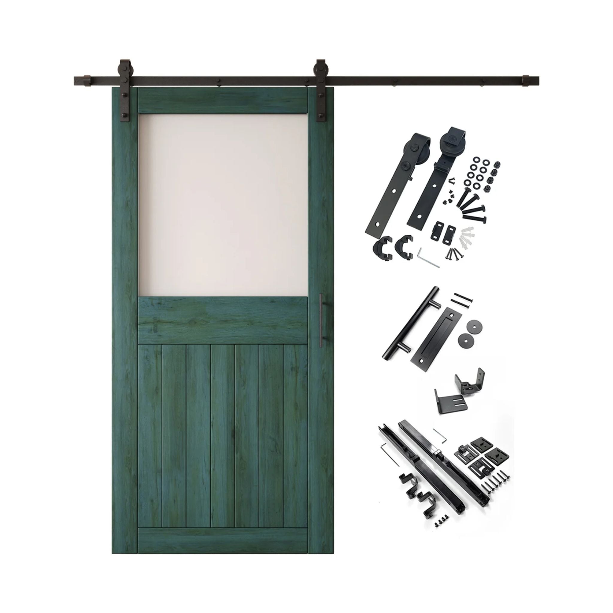 Royal pine half-lite barn door kit with wooden door, hardware, and components on a white background
