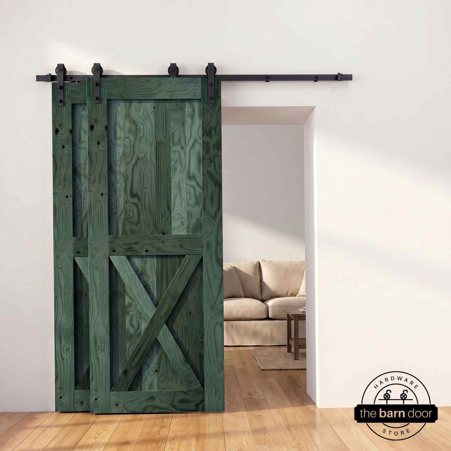 Half-X barn door in royal pine stain with matte black single bypass sliding hardware