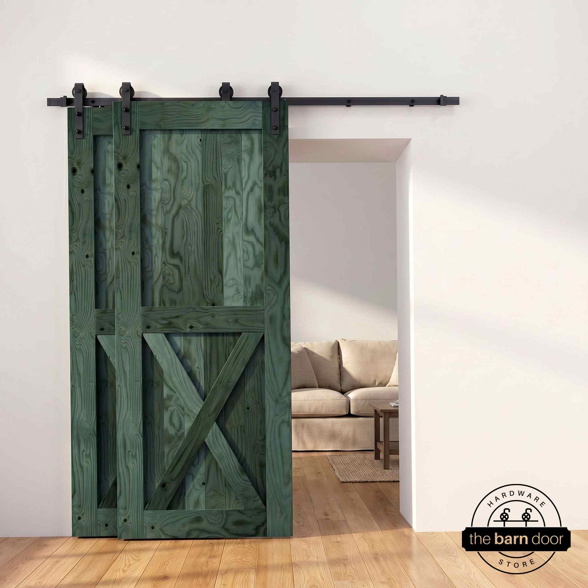 Half-X barn door in royal pine stain with matte black single bypass sliding hardware