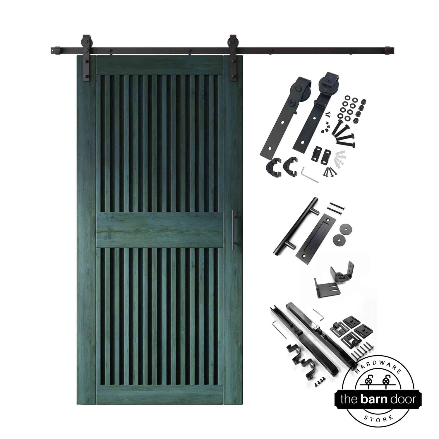 Royal pine barn door kit with wooden door, hardware, and installation parts on a white background