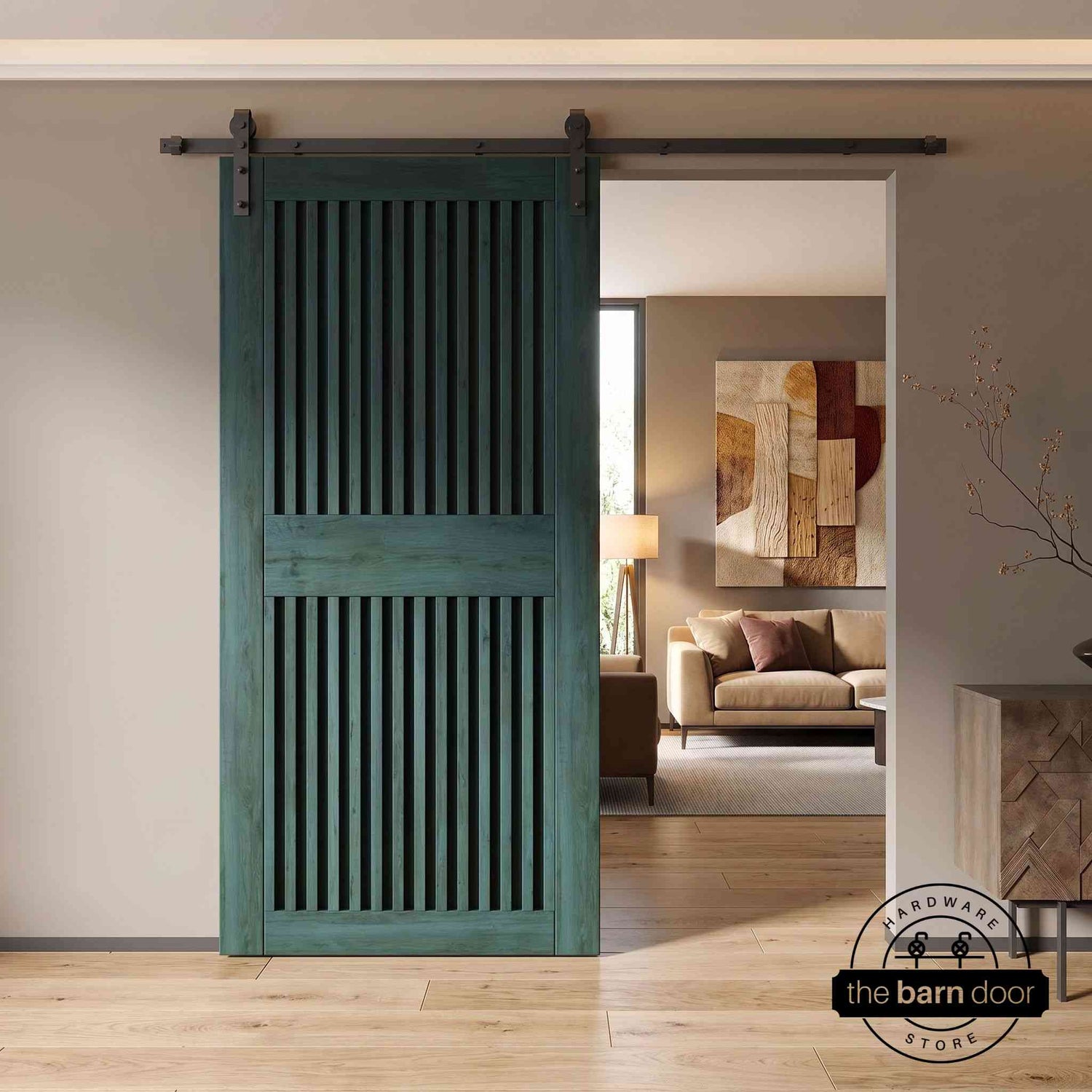Green sliding barn door in a modern interior setting with a fireplace.