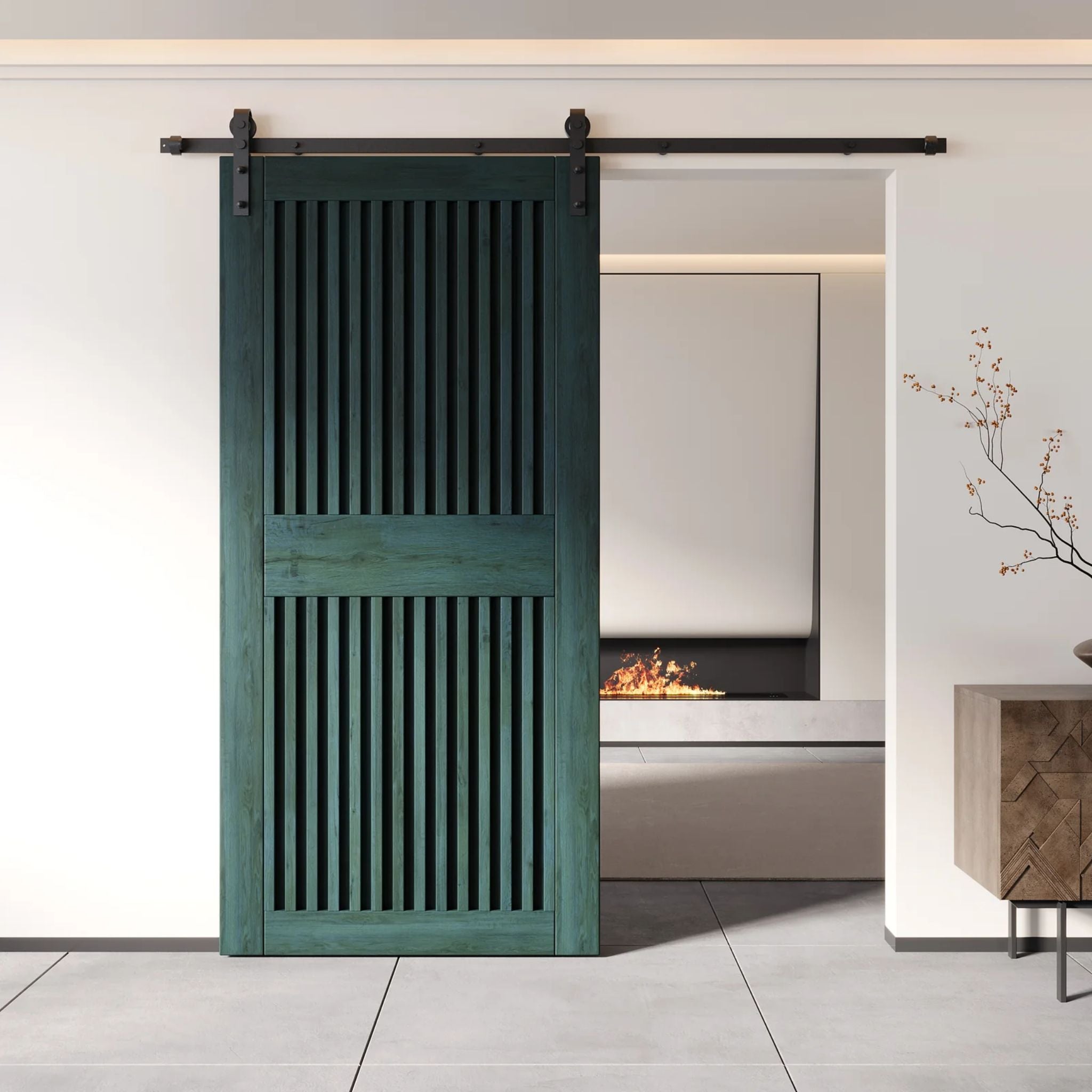 Green sliding barn door in a modern interior setting with a fireplace.