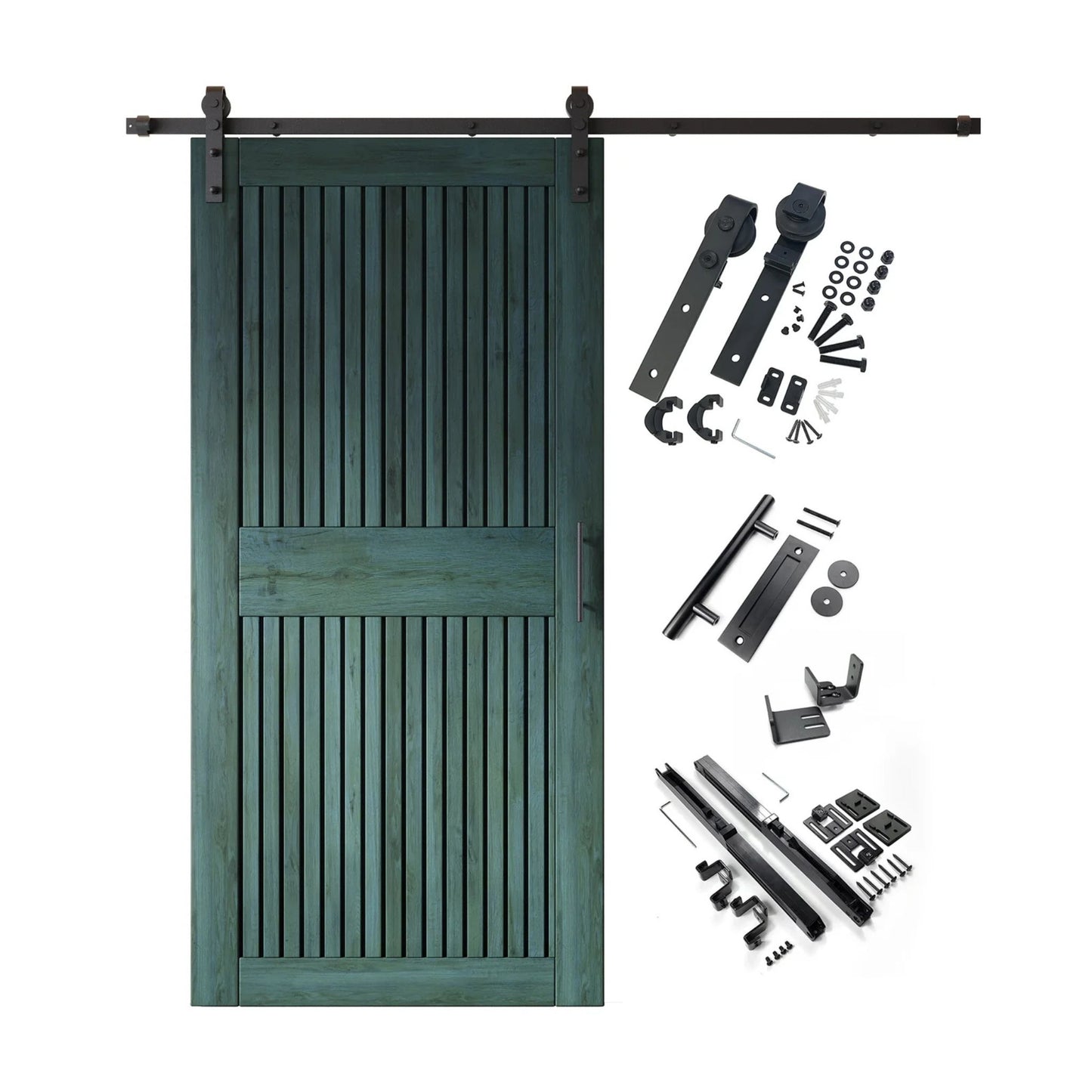 A complete barn door hardware kit featuring a royal pine vertical plank barn door with a horizontal middle rail, black sliding track, rollers, handle, and all mounting components displayed next to the door.