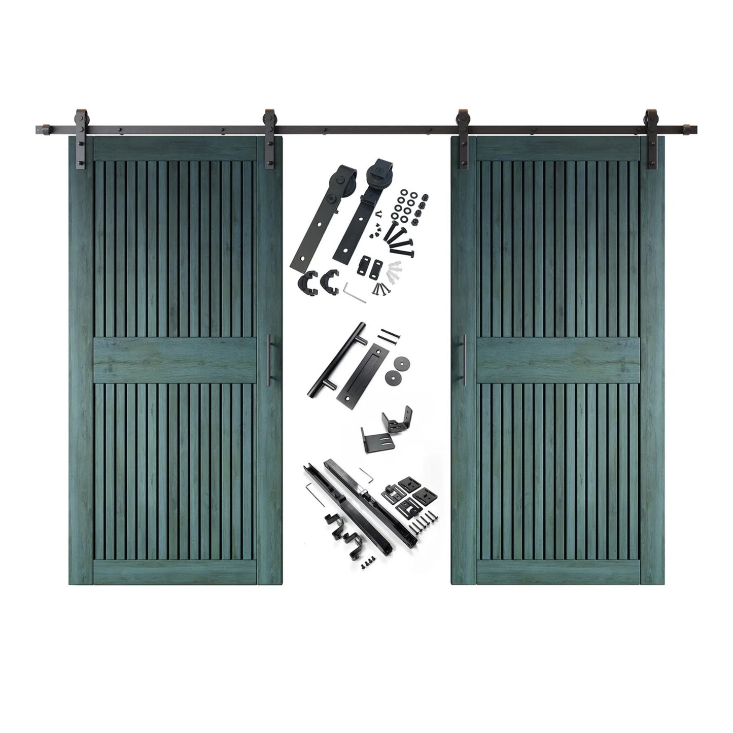 A complete double barn door kit featuring two royal pine-stained vertical slat doors with horizontal middle rails, black sliding track, rollers, handles, and all mounting components displayed in the center.