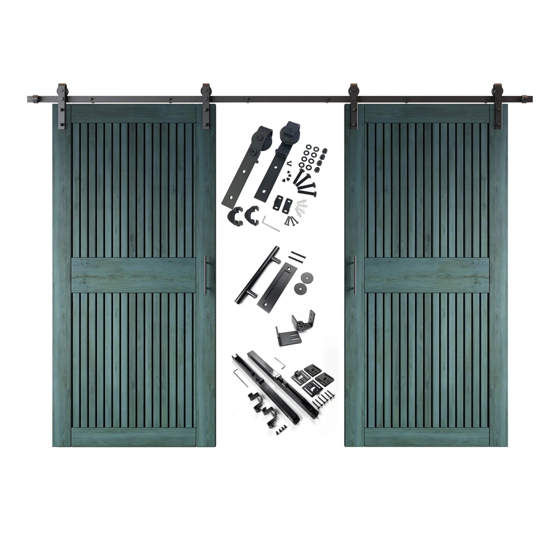 A complete double barn door kit featuring two royal pine-stained vertical slat doors with horizontal middle rails, black sliding track, rollers, handles, and all mounting components displayed in the center.