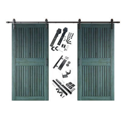 A complete double barn door kit featuring two royal pine-stained vertical slat doors with horizontal middle rails, black sliding track, rollers, handles, and all mounting components displayed in the center.