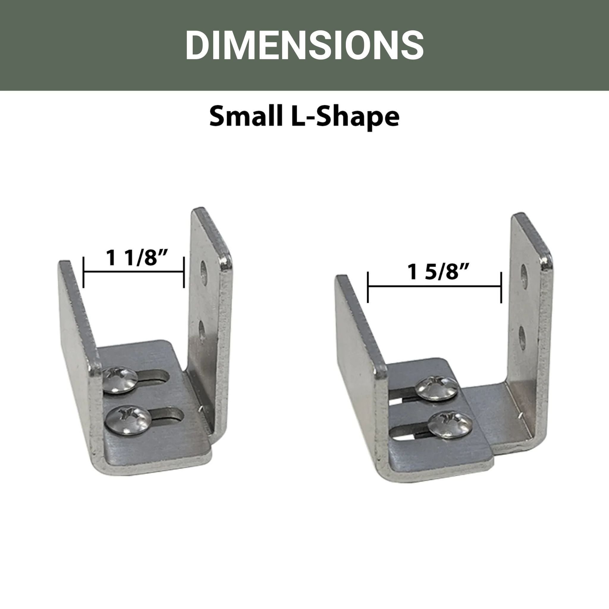 Small L-shaped metal brackets with dimensions labeled on a white background.