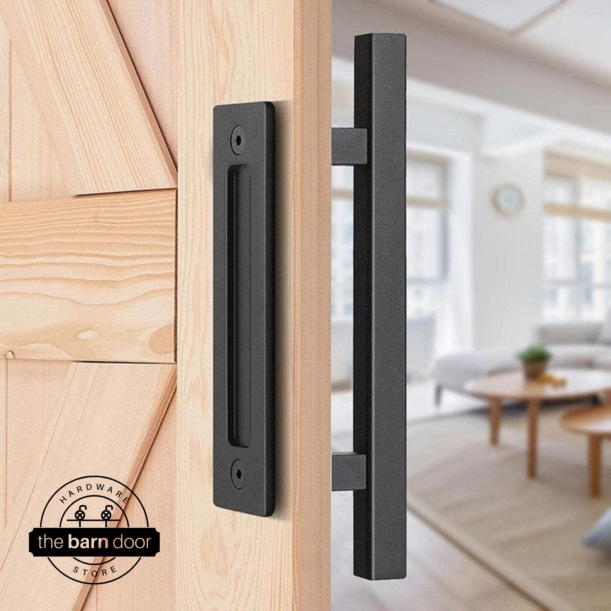 Matte black square pull and flush handle set installed on a natural wood sliding barn door
