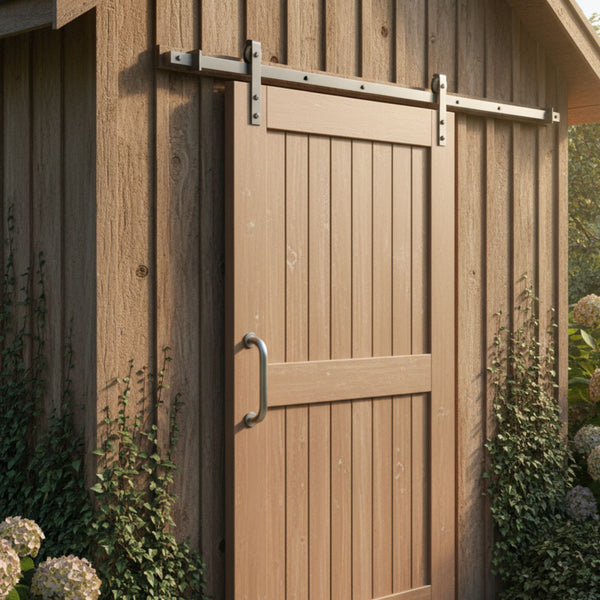 An image of stainless steel barn door hardware on a garden shed.