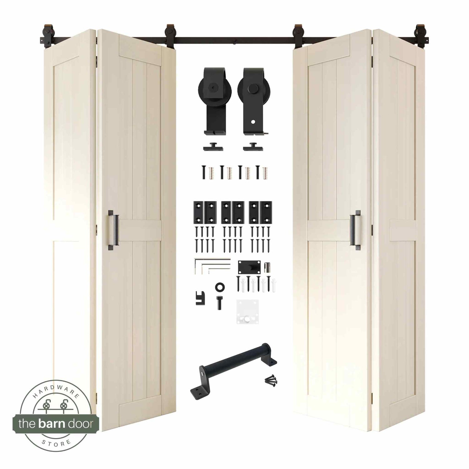 Full kit contents: Four open and partially folded tinsmith gray bifold door panels shown with all accompanying Matte Black top-mount hardware components.