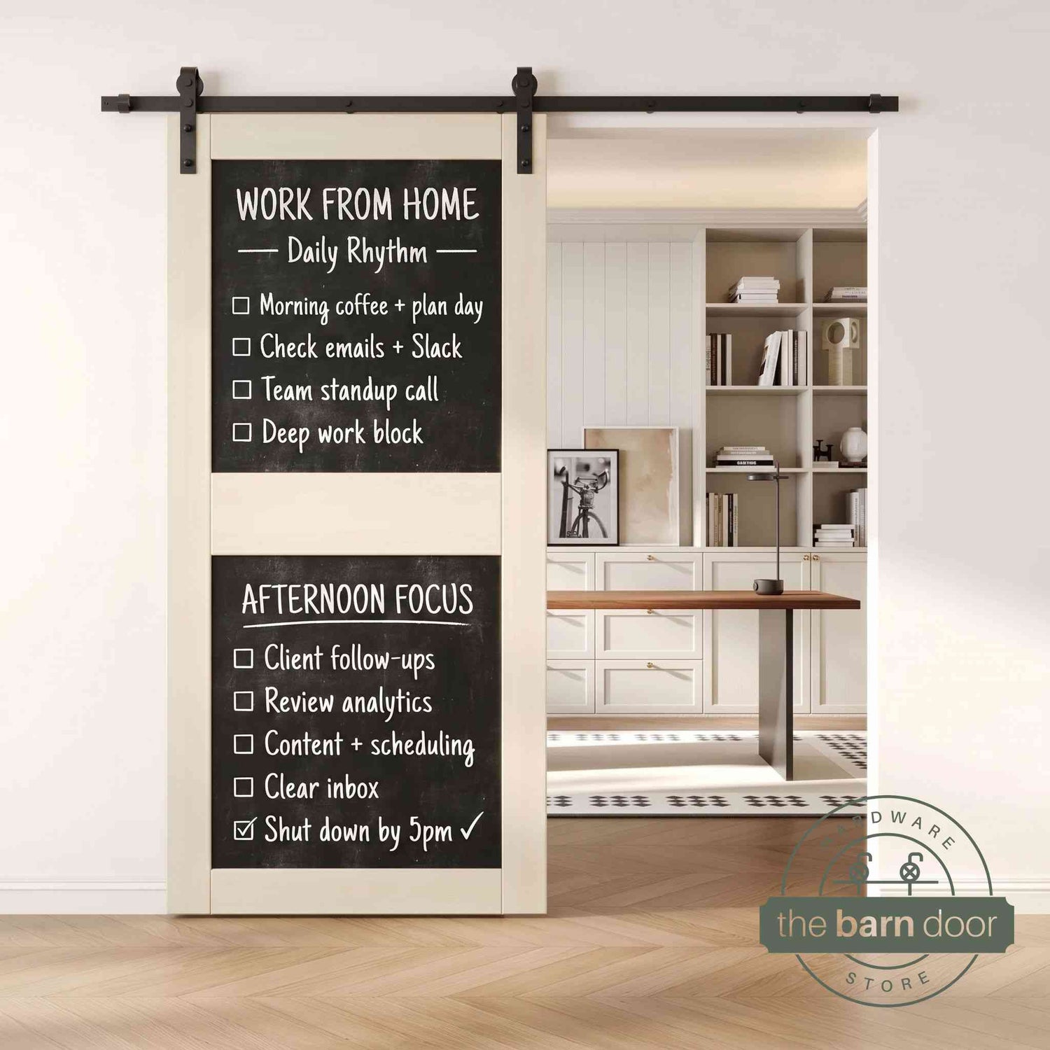 A tinsmith gray two-panel chalkboard barn door mounted on a sleek black sliding track, shown partially open to reveal a modern home office with built-in white shelving.