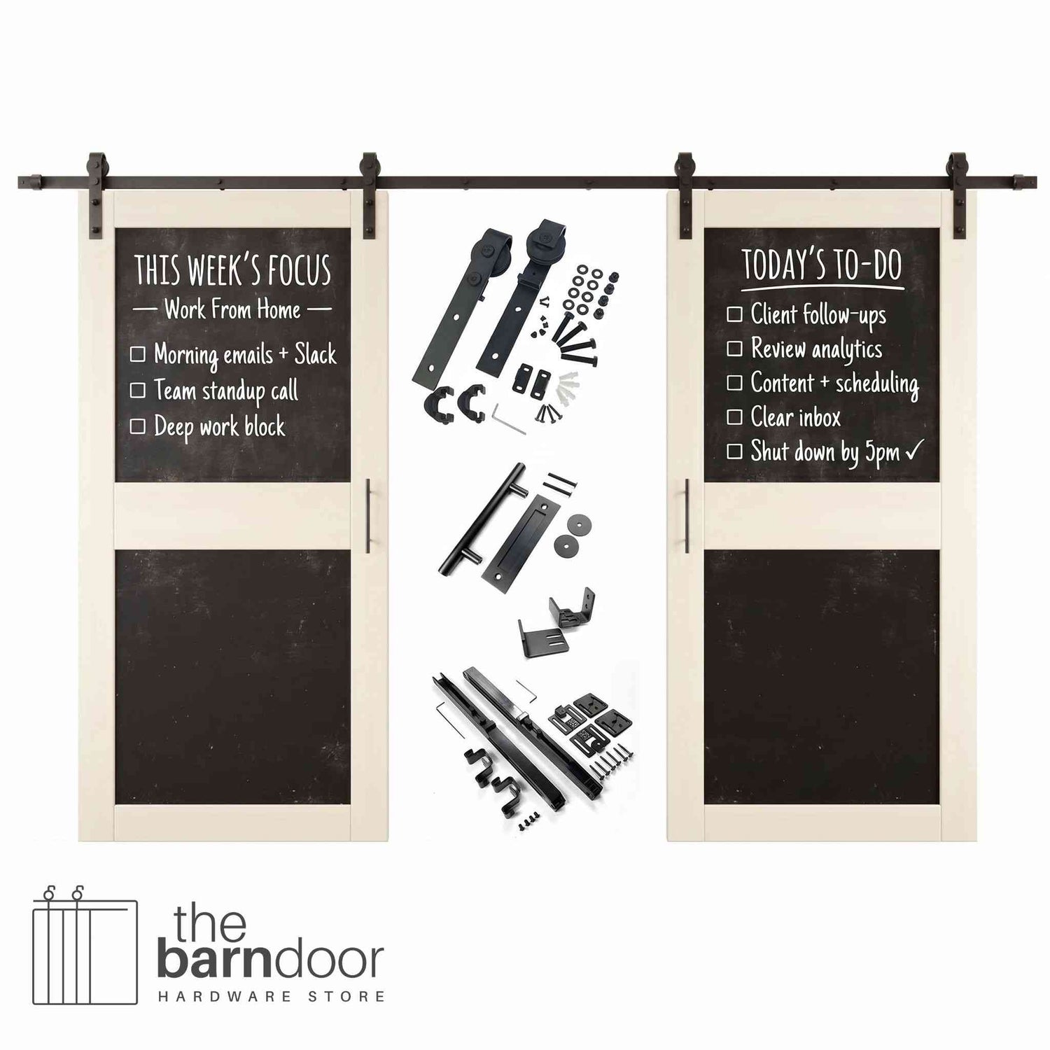 Tinsmith gray barn door set with black chalkboard panels and hardware components on a white background