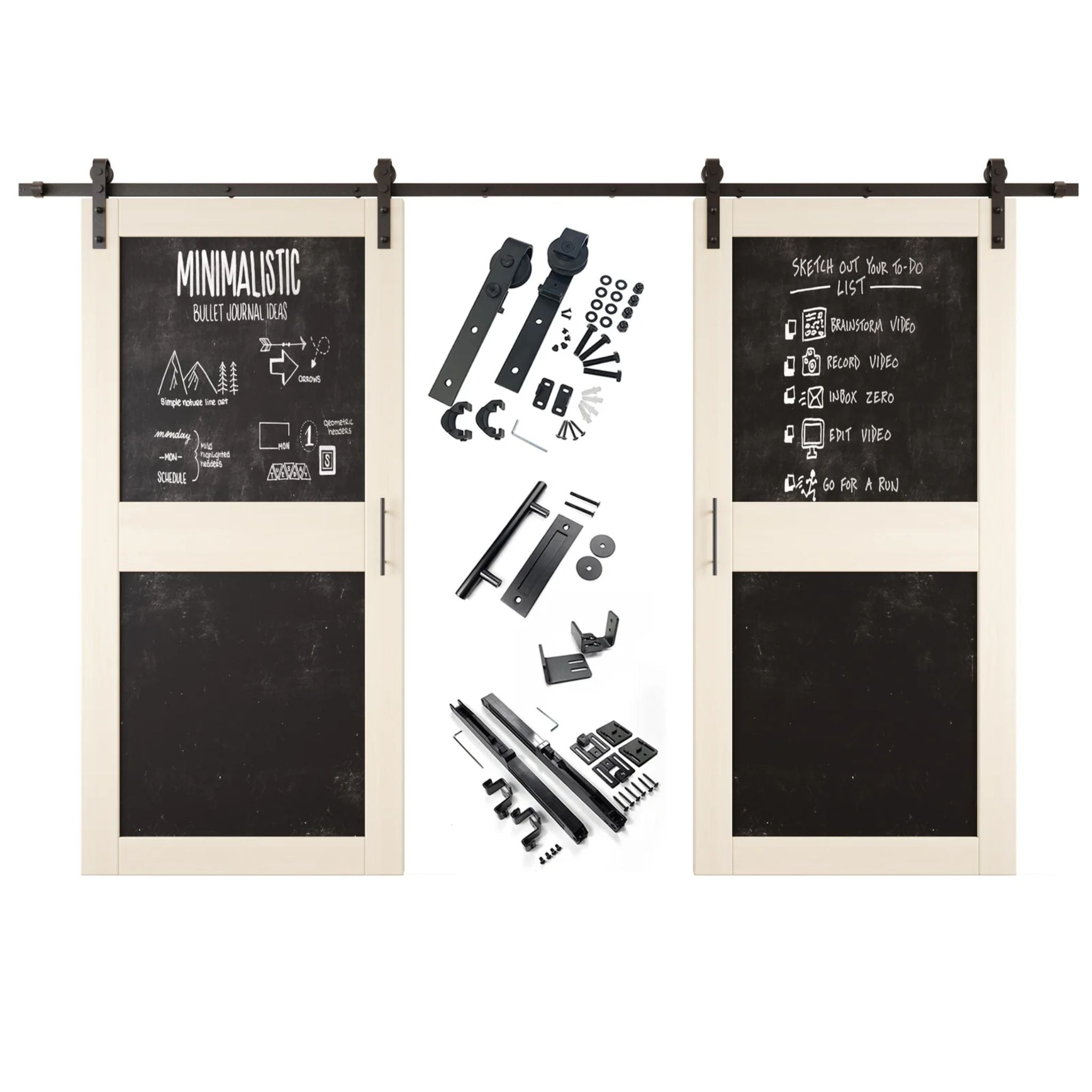 Tinsmith gray barn door set with black chalkboard panels and hardware components on a white background