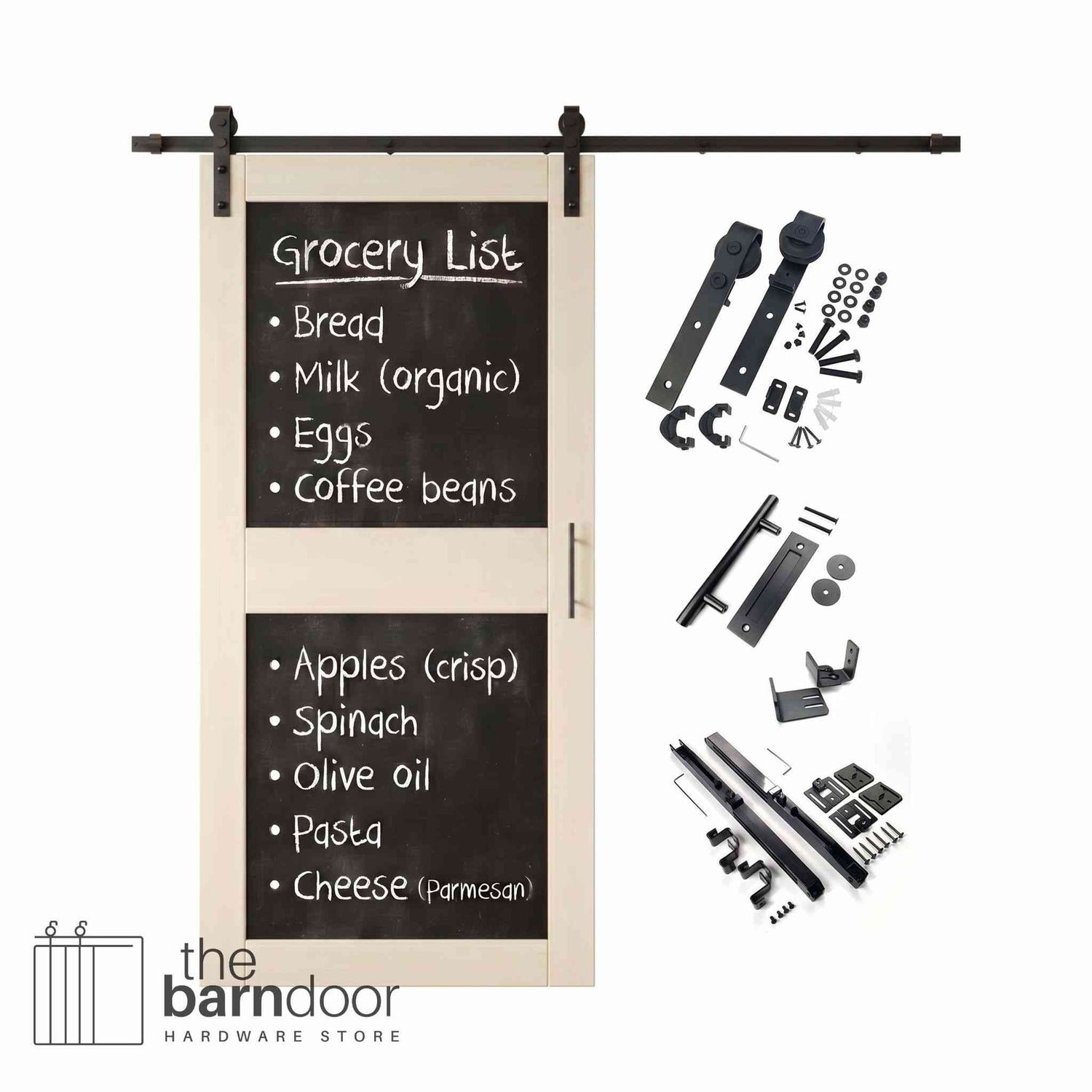 Tinsmith gray barn door kit with black chalkboard surface and hardware components on a white background