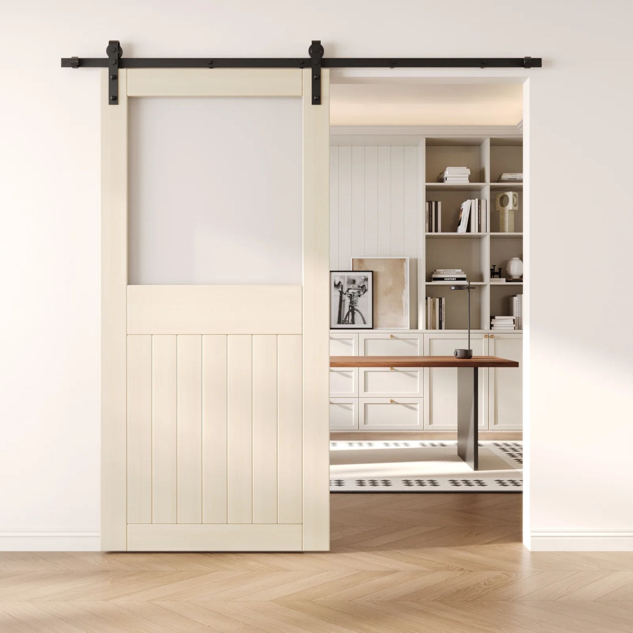 Tinsmith gray sliding half-lite frosted glass barn door in a modern interior setting with a desk and shelves.
