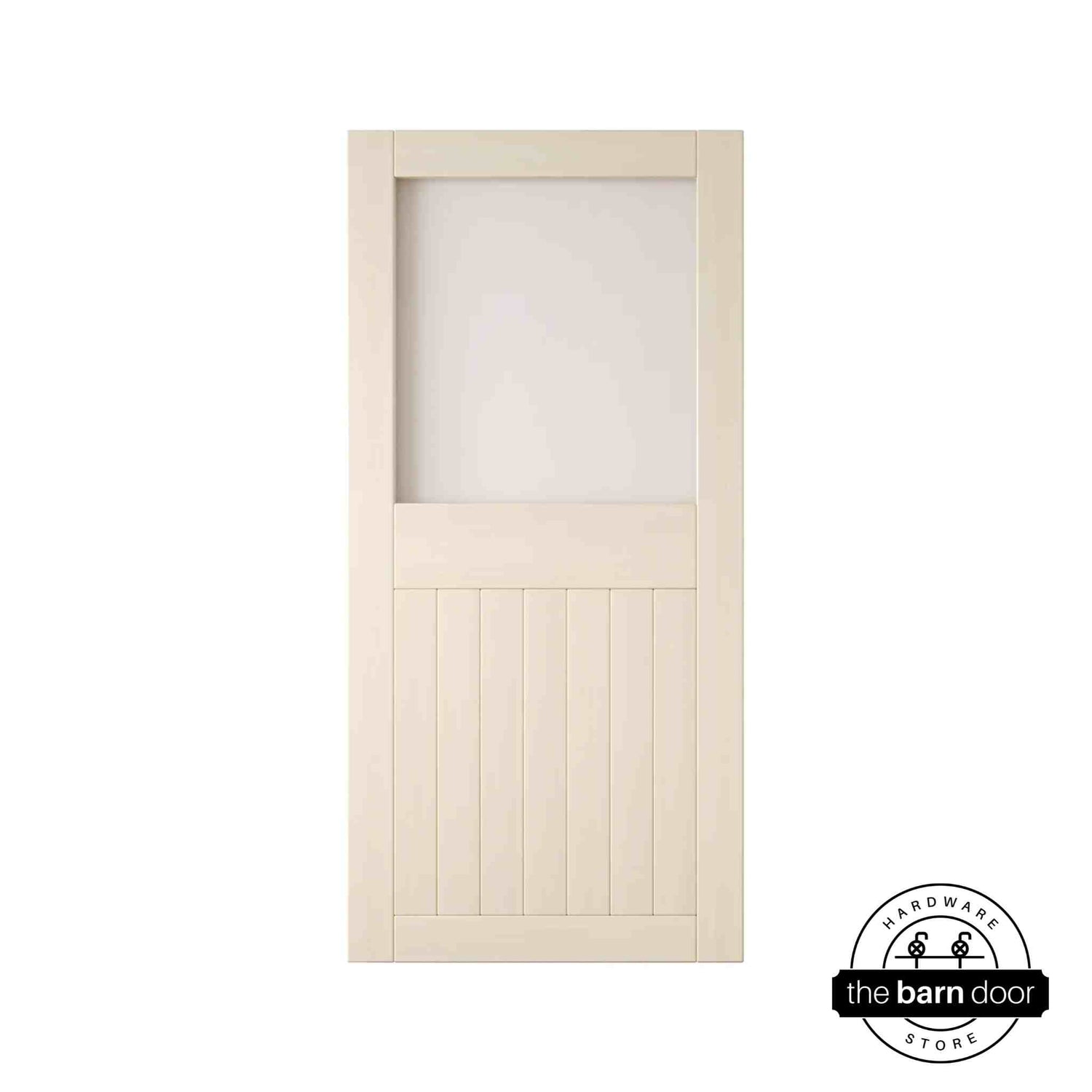 Tinsmith gray wooden half-lite frosted glass barn door with horizontal slats on a white background
