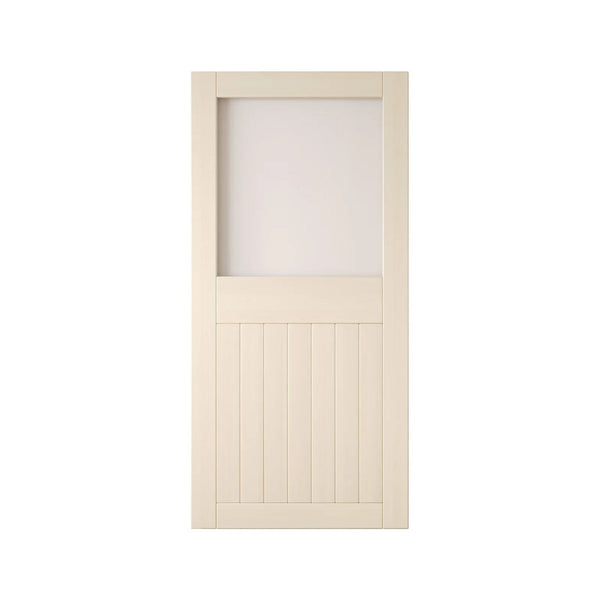 Tinsmith gray wooden half-lite frosted glass barn door with horizontal slats on a white background