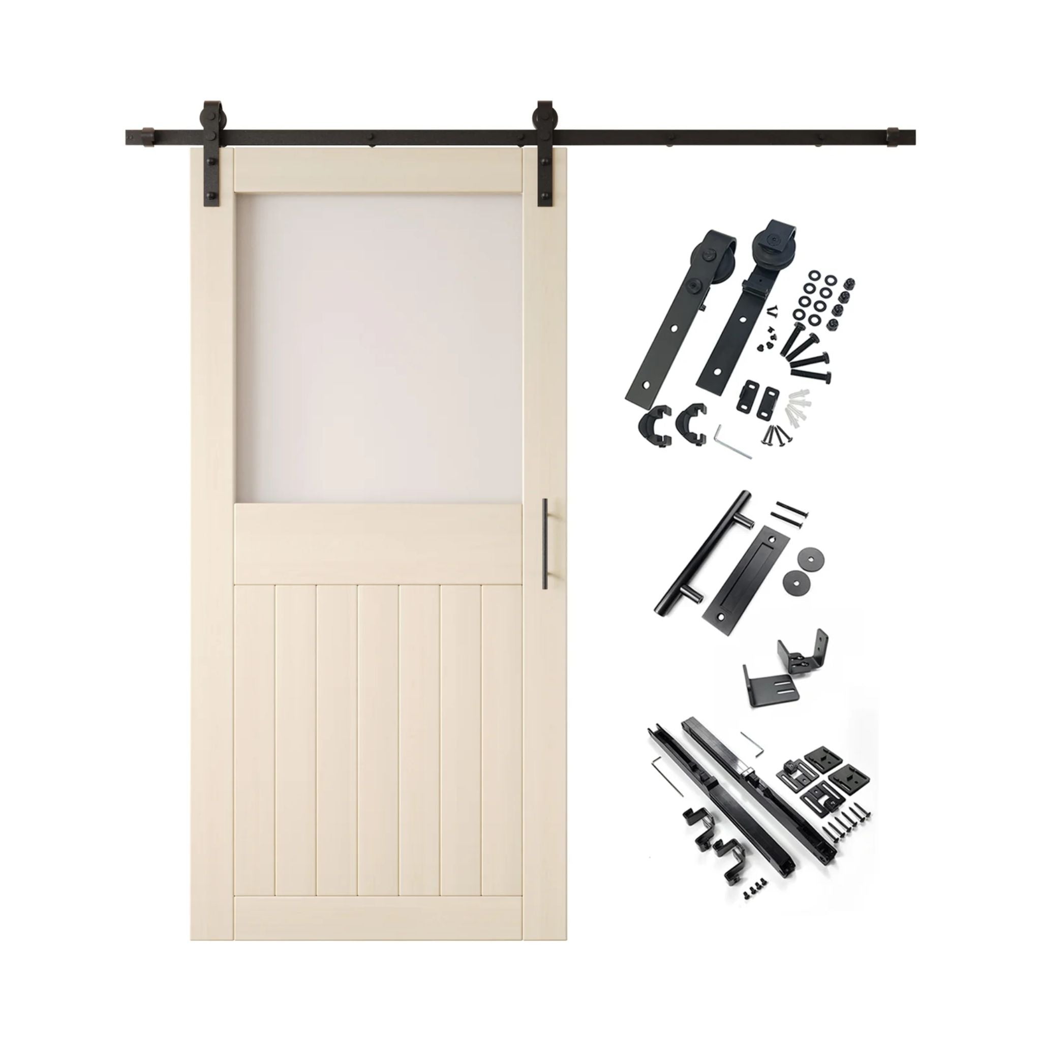 Tinsmith gray half-lite barn door kit with wooden door, hardware, and components on a white background