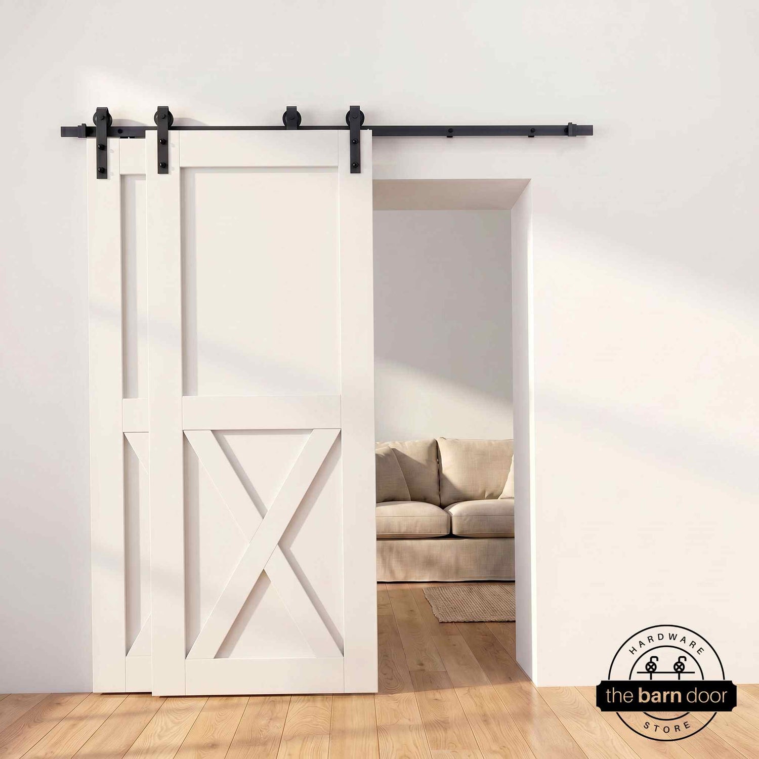 Half-X barn door in Tinsmith Gray stain with matte black single bypass sliding hardware
