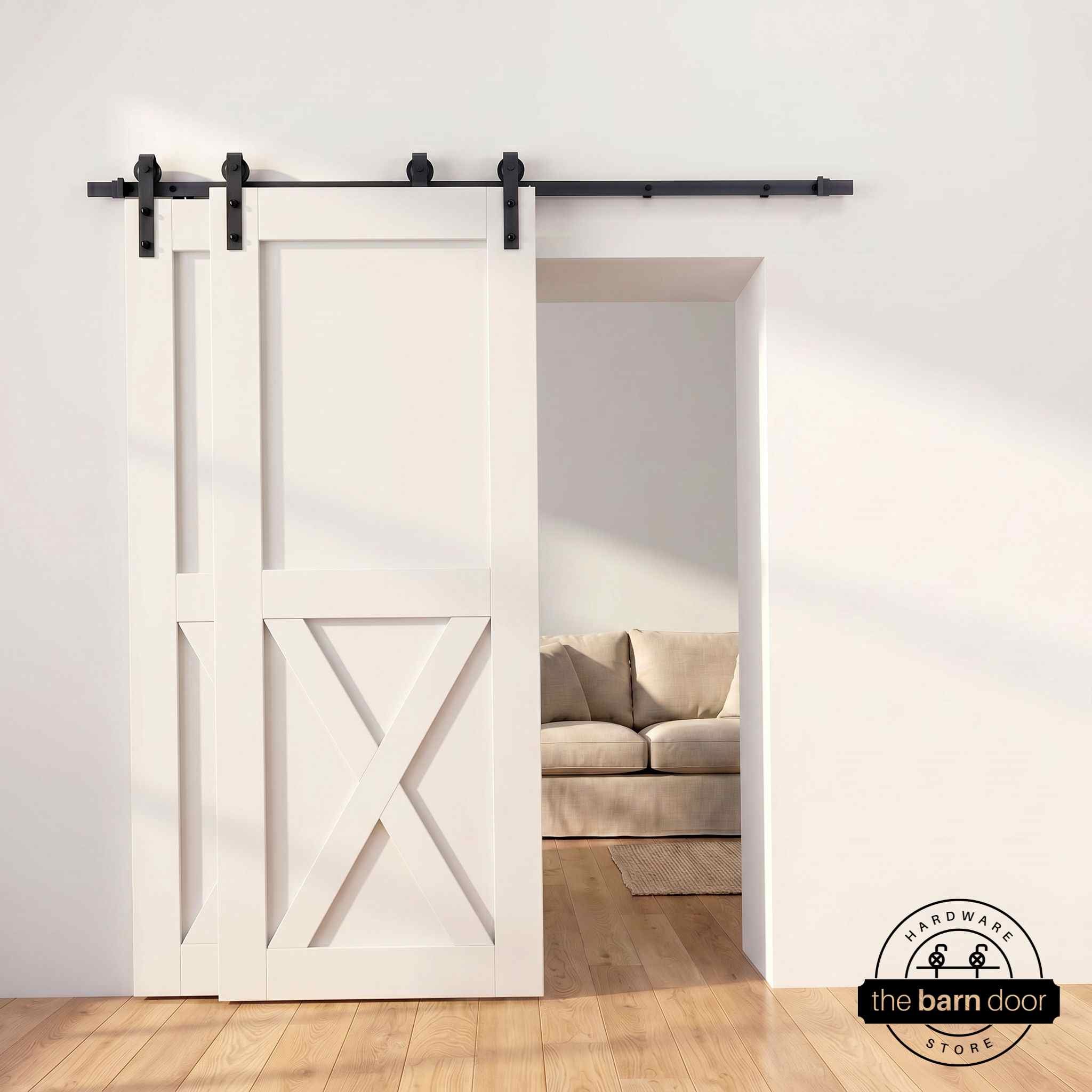 Half-X barn door in Tinsmith Gray stain with matte black single bypass sliding hardware