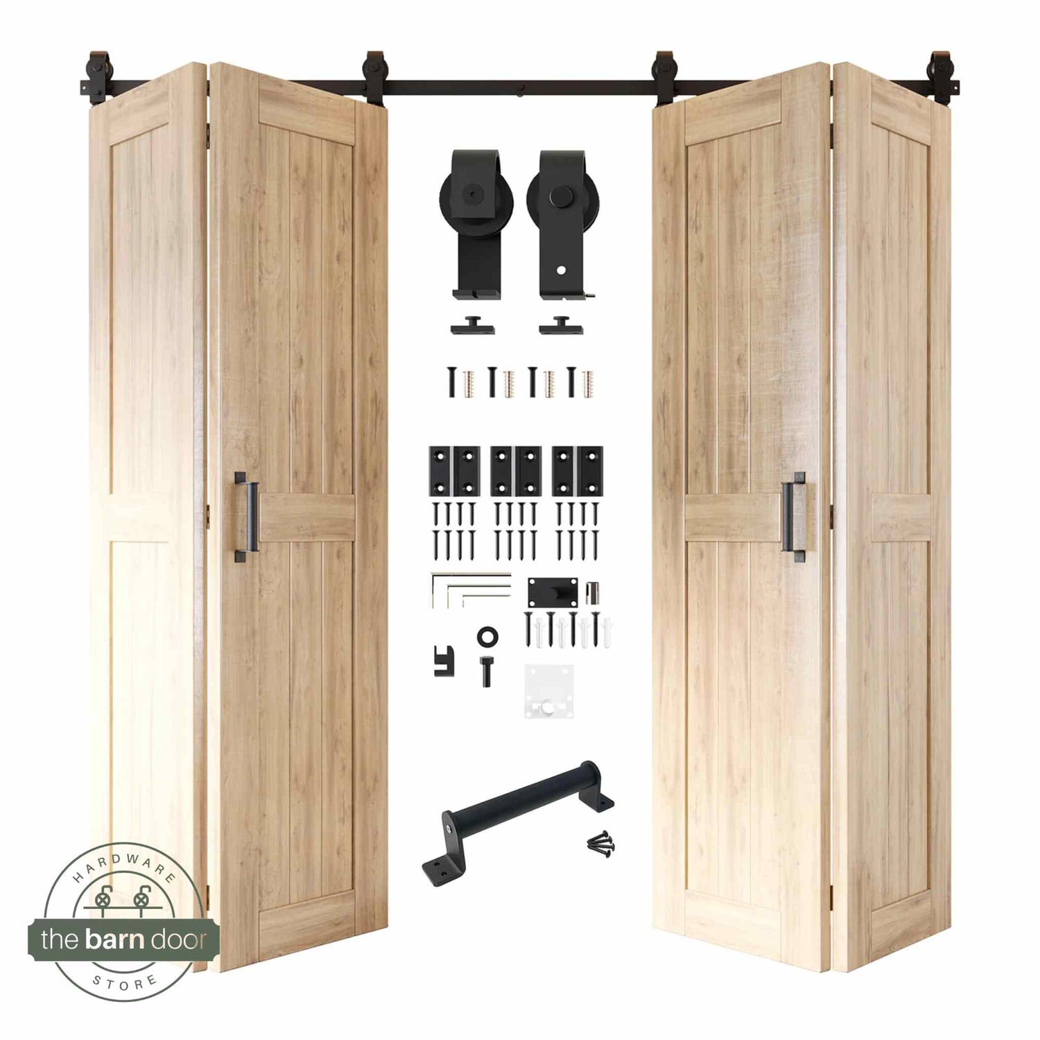 Full kit contents: Four open and partially folded unfinished bifold door panels shown with all accompanying Matte Black top-mount hardware components.
