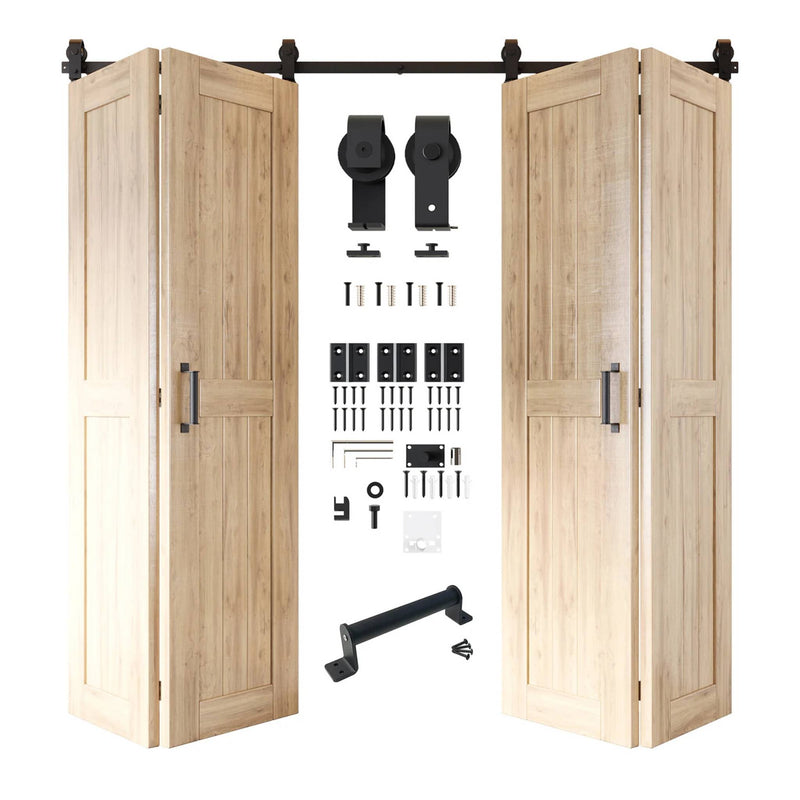 Full kit contents: Four open and partially folded unfinished bifold door panels shown with all accompanying Matte Black top-mount hardware components.