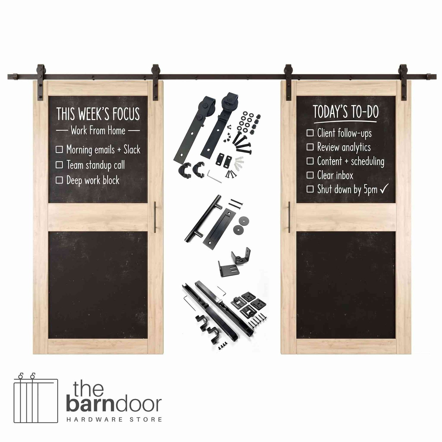Unfinished barn door set with black chalkboard panels and hardware components on a white background