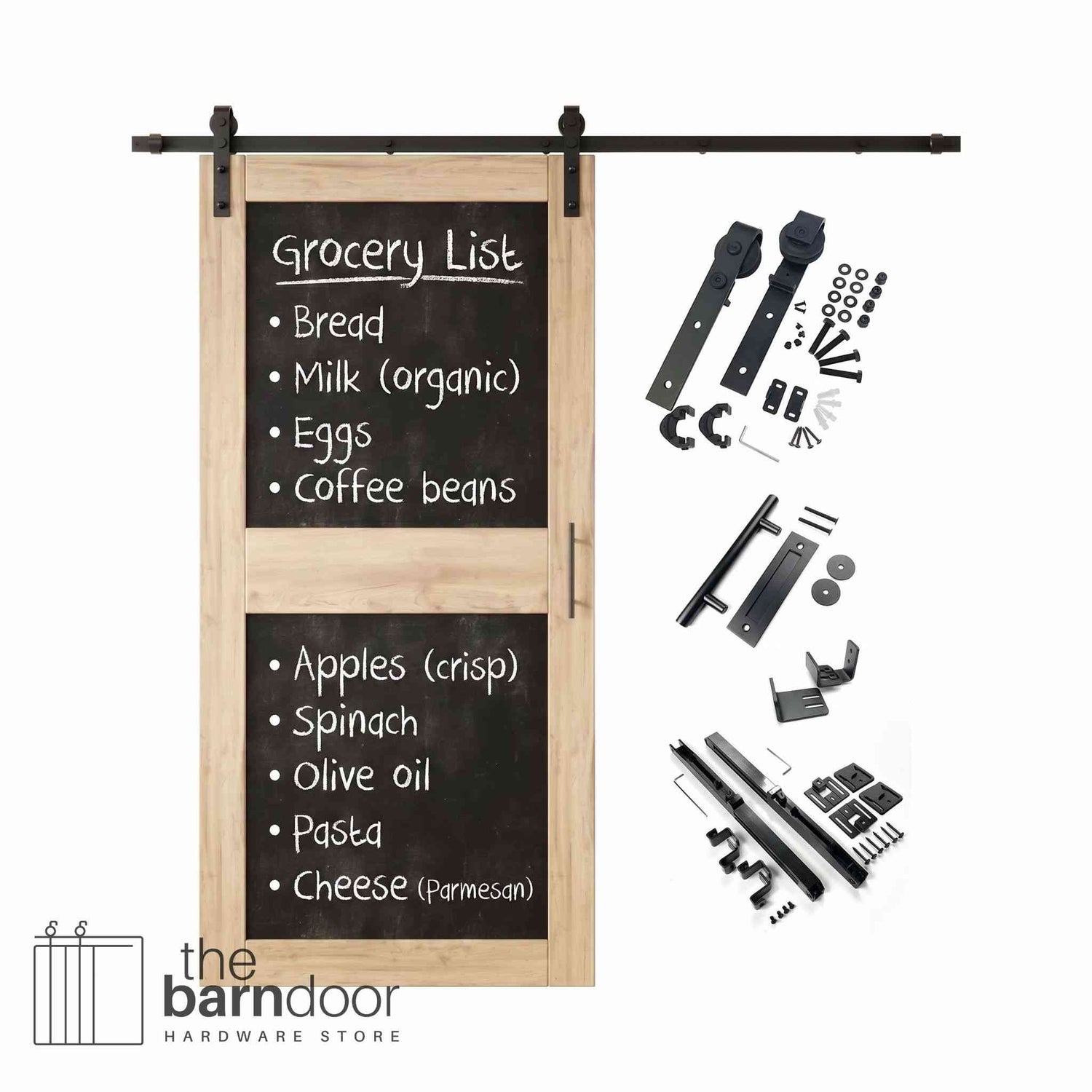 Unfinished barn door kit with black chalkboard surface and hardware components on a white background