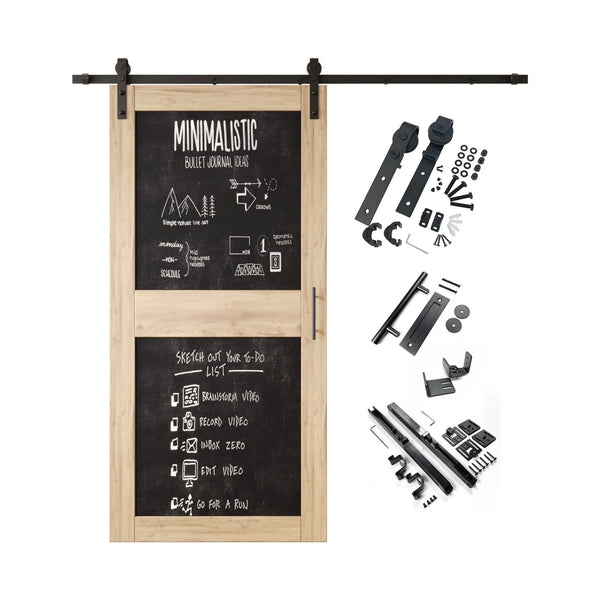 Unfinished barn door kit with black chalkboard surface and hardware components on a white background