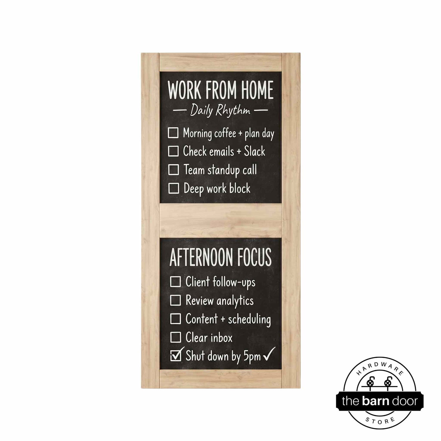 Front view of a vertical unfinished chalkboard door with two panels.