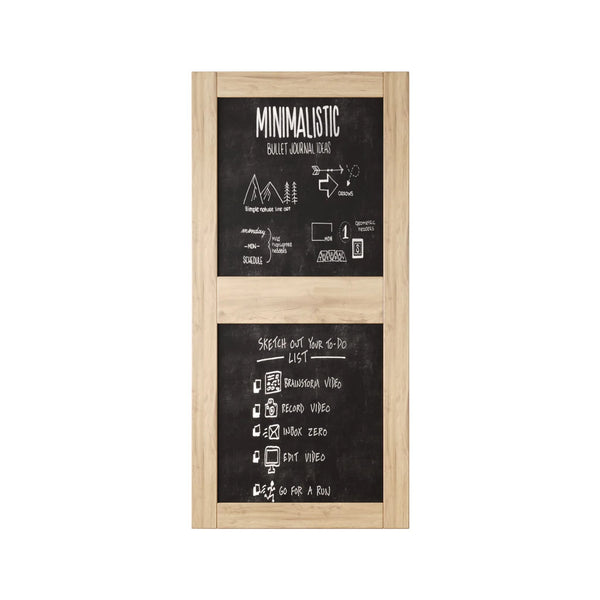 Front view of a vertical unfinished chalkboard door with two panels.