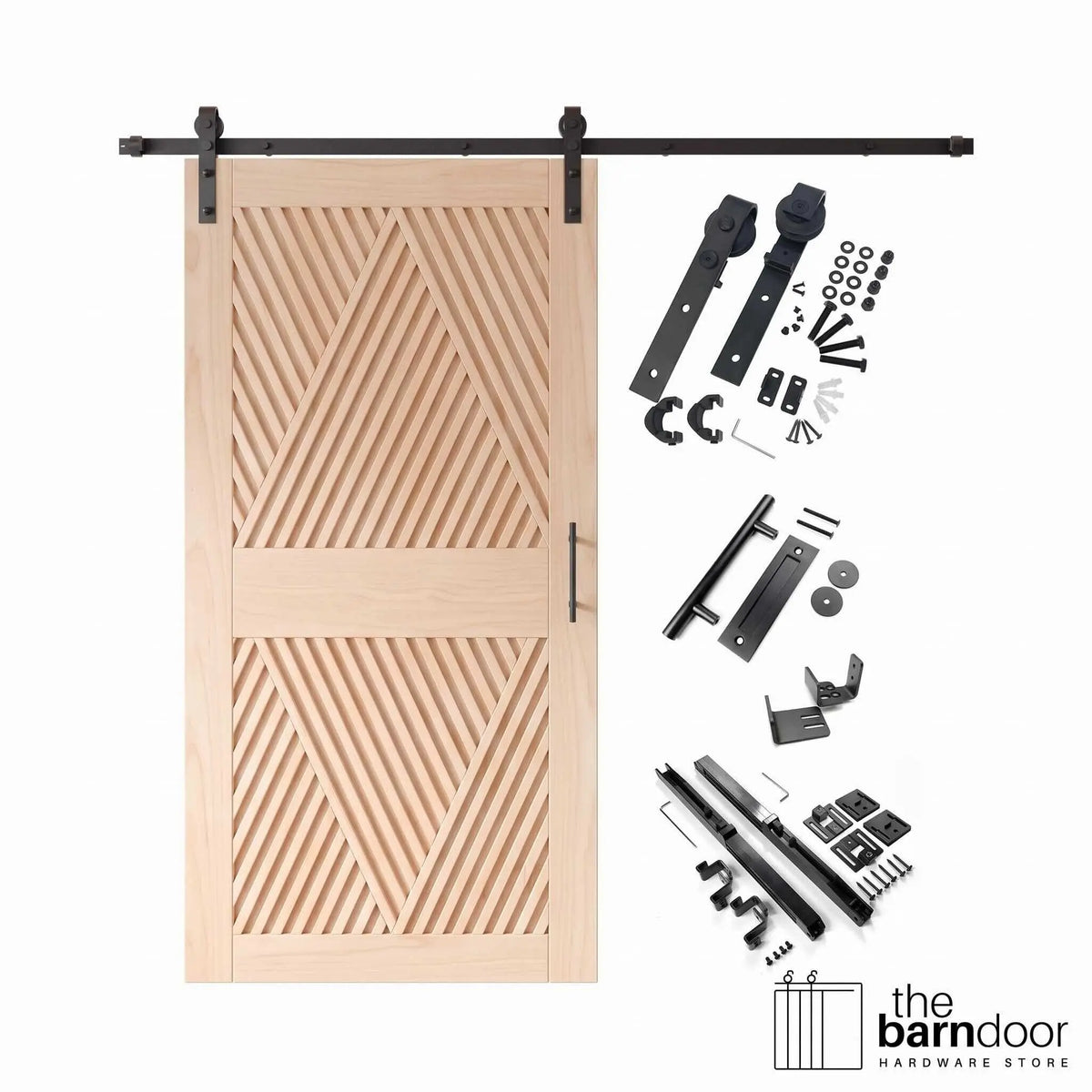 Unfinished diamond slat barn door with raw natural wood finish, matte black track, hangers, and hardware kit components on a white background
