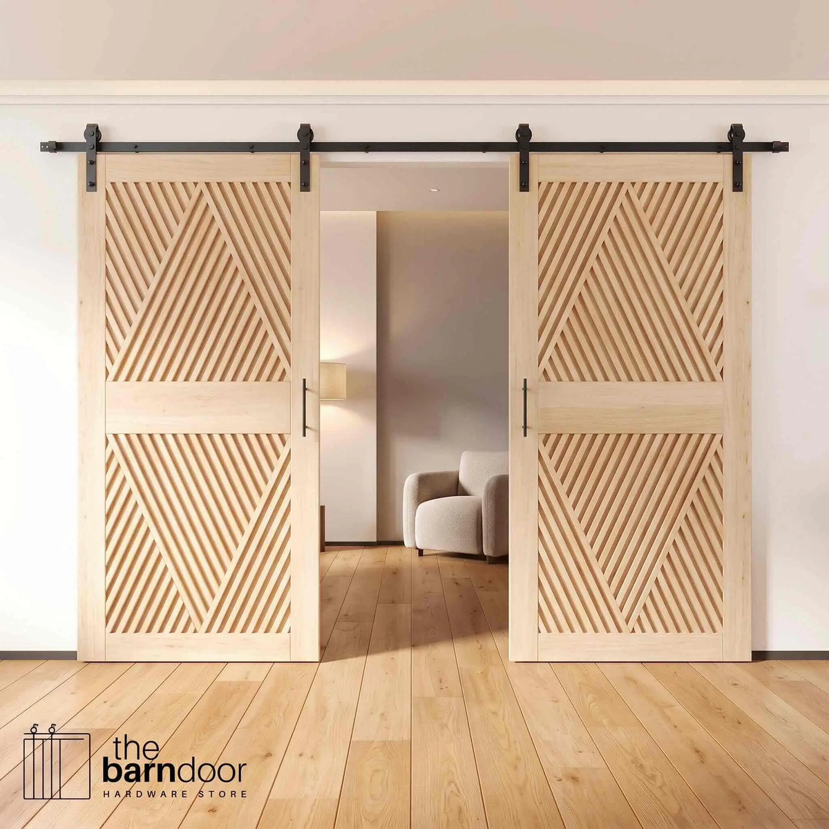 Unfinished diamond slat double sliding barn doors with matte black track, hangers, and bar pulls in a white room with light oak floors
