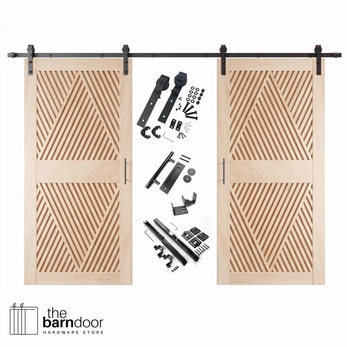 Unfinished diamond slat double barn doors with raw natural wood finish, matte black track, hangers, and hardware kit components on a white background
