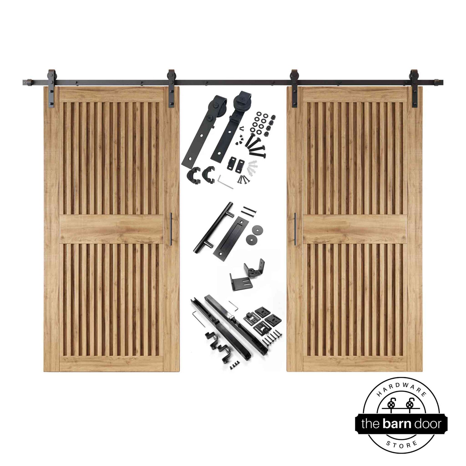 Unfinished vertical slat barn door set with hardware components on a white background