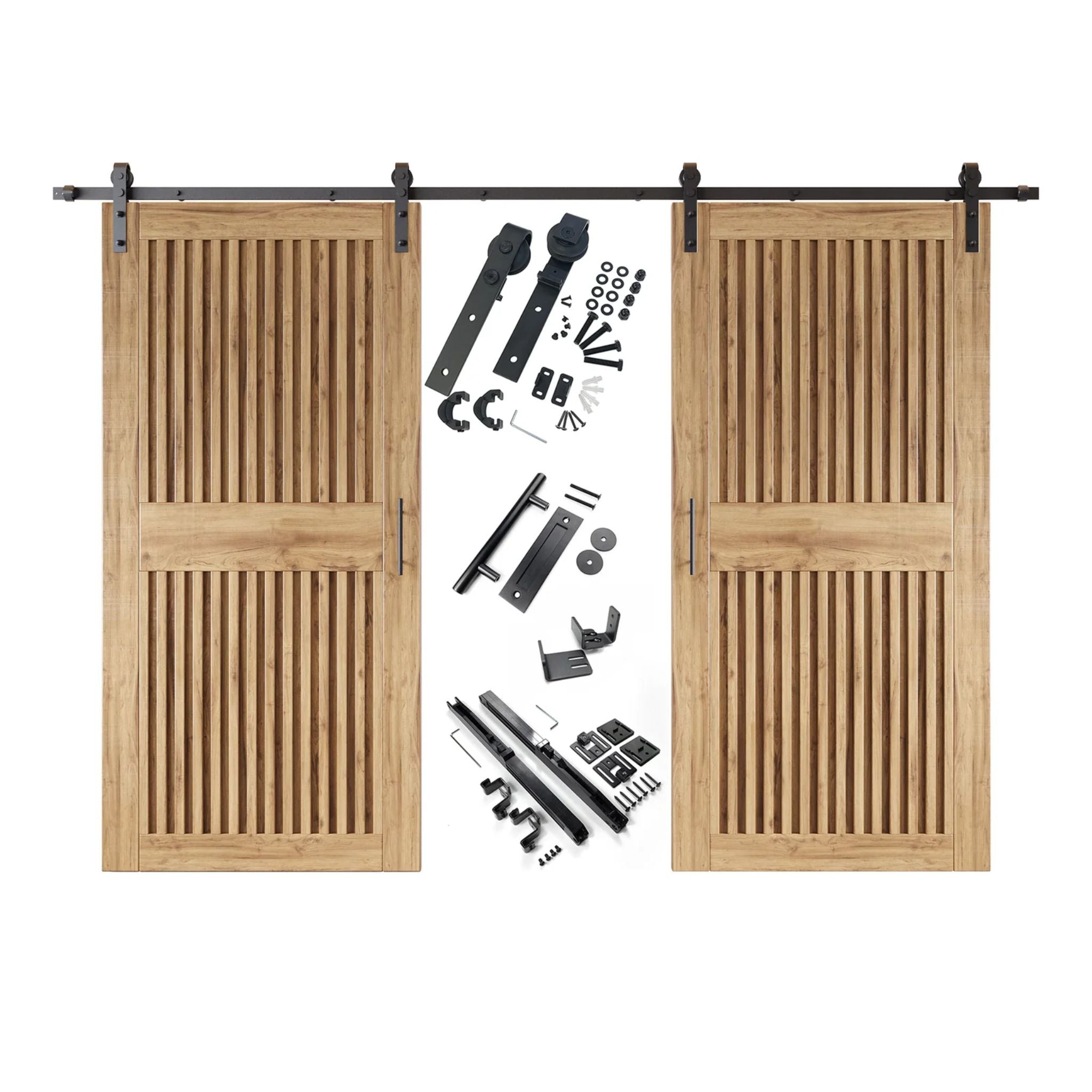 Unfinished vertical slat barn door set with hardware components on a white background