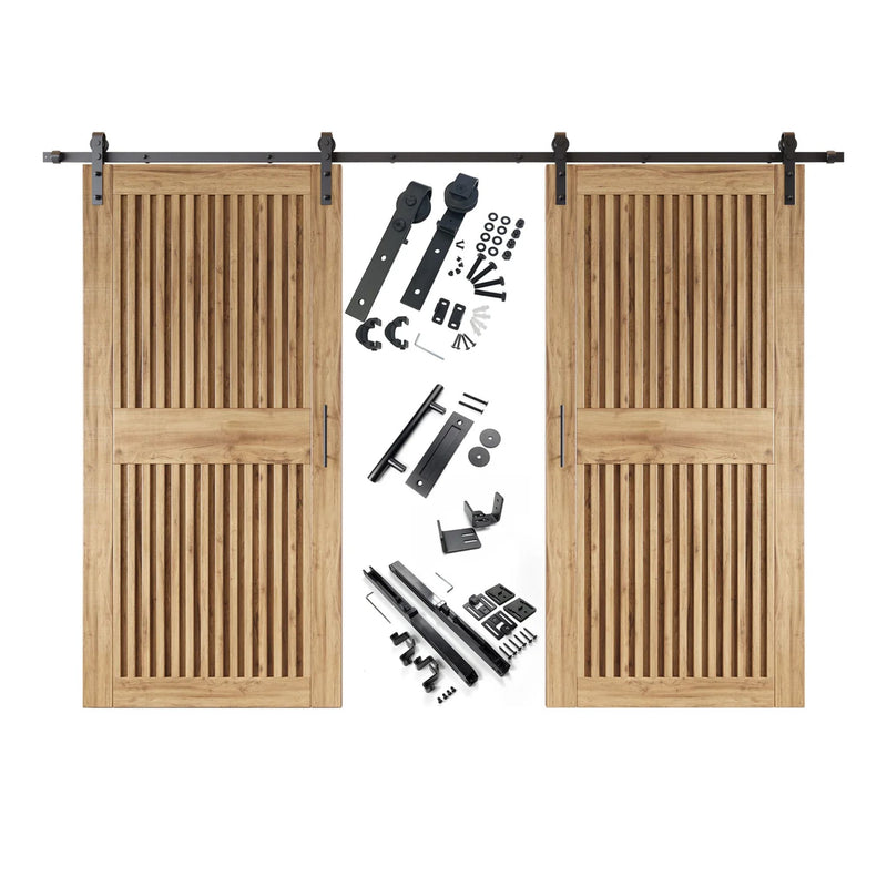 Unfinished vertical slat barn door set with hardware components on a white background