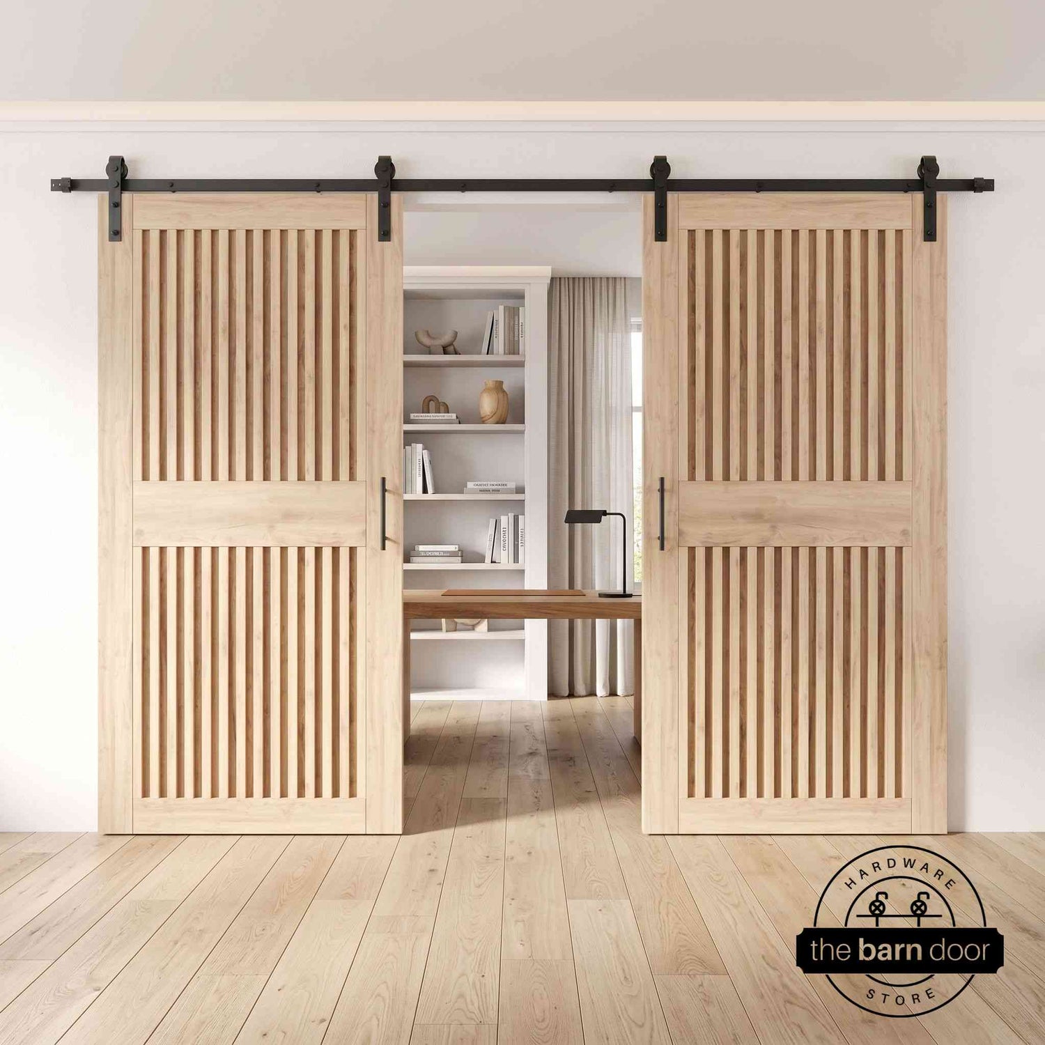 Wooden sliding doors with metal tracks in front of a fireplace.