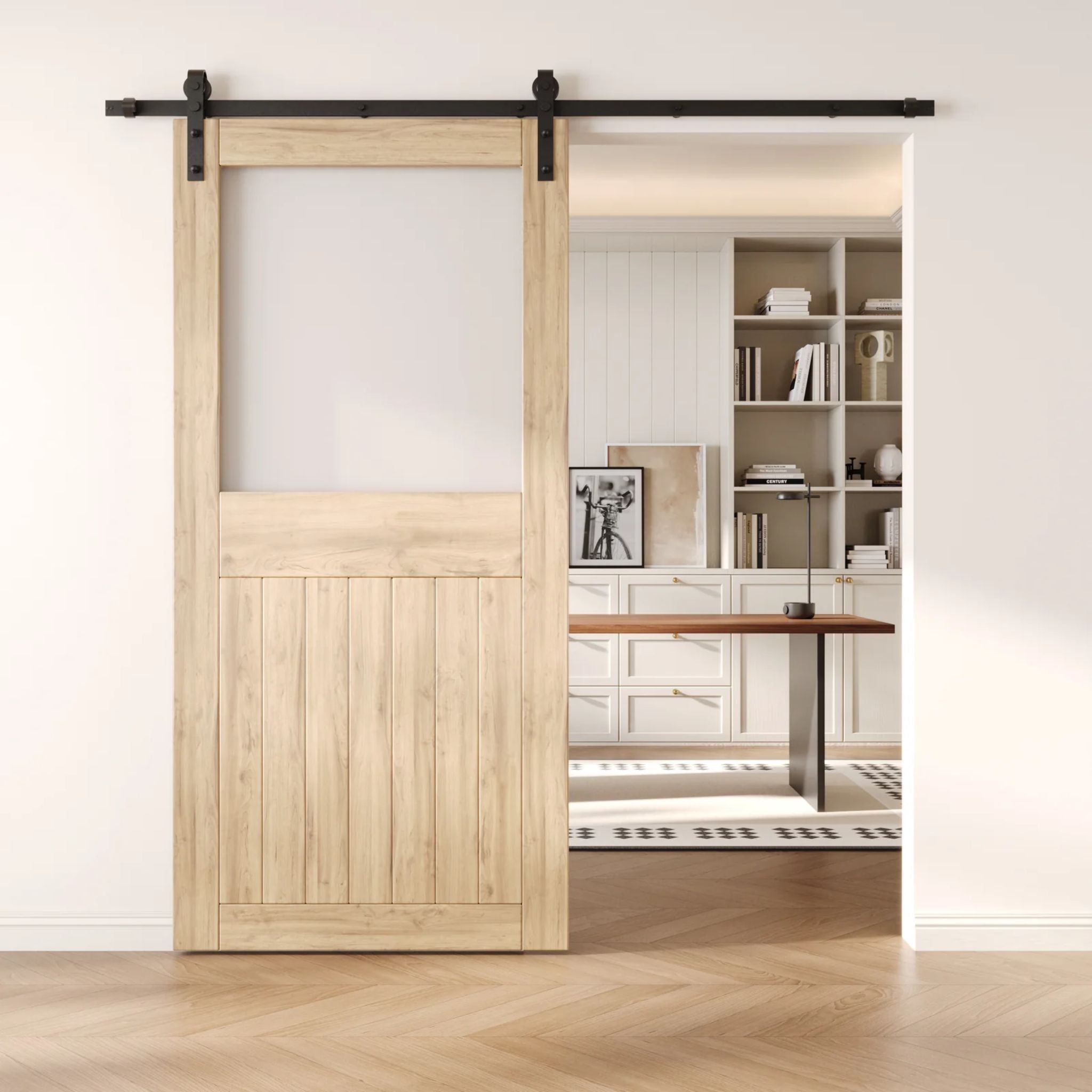 Unfinished sliding half-lite frosted glass barn door in a modern interior setting with a desk and shelves.