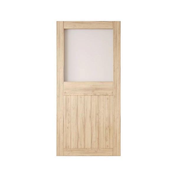 Unfinished wooden half-lite frosted glass barn door with horizontal slats on a white background