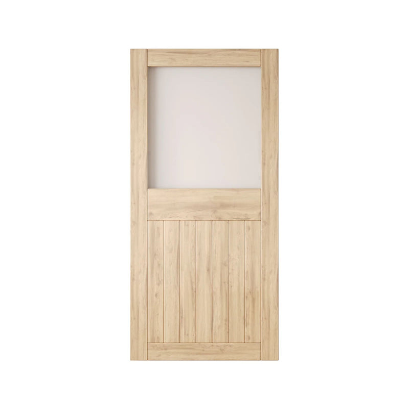 Unfinished wooden half-lite frosted glass barn door with horizontal slats on a white background