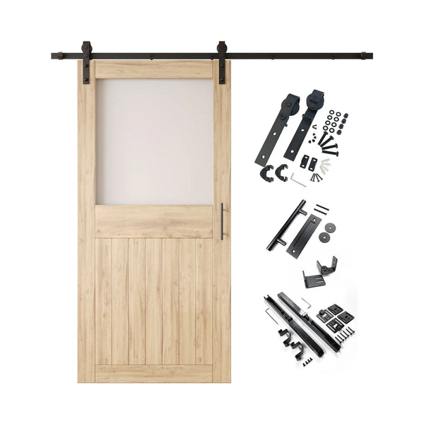 Unfinished half-lite barn door kit with wooden door, hardware, and components on a white background