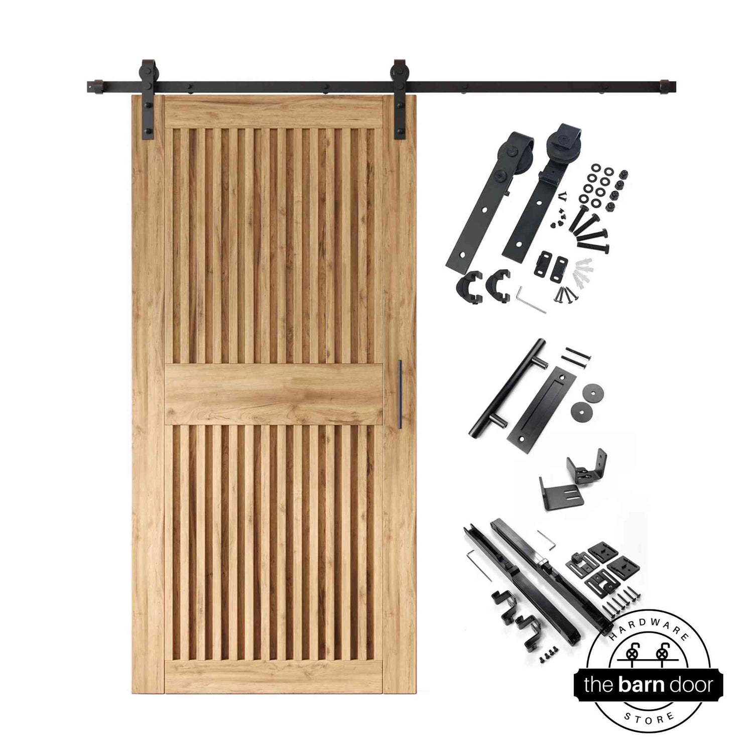 Unfinished barn door kit with wooden door, hardware, and installation parts on a white background