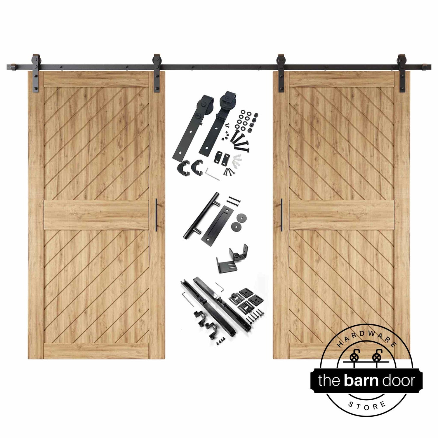 Unfinished slanted wooden sliding barn doors with hardware components on a white background