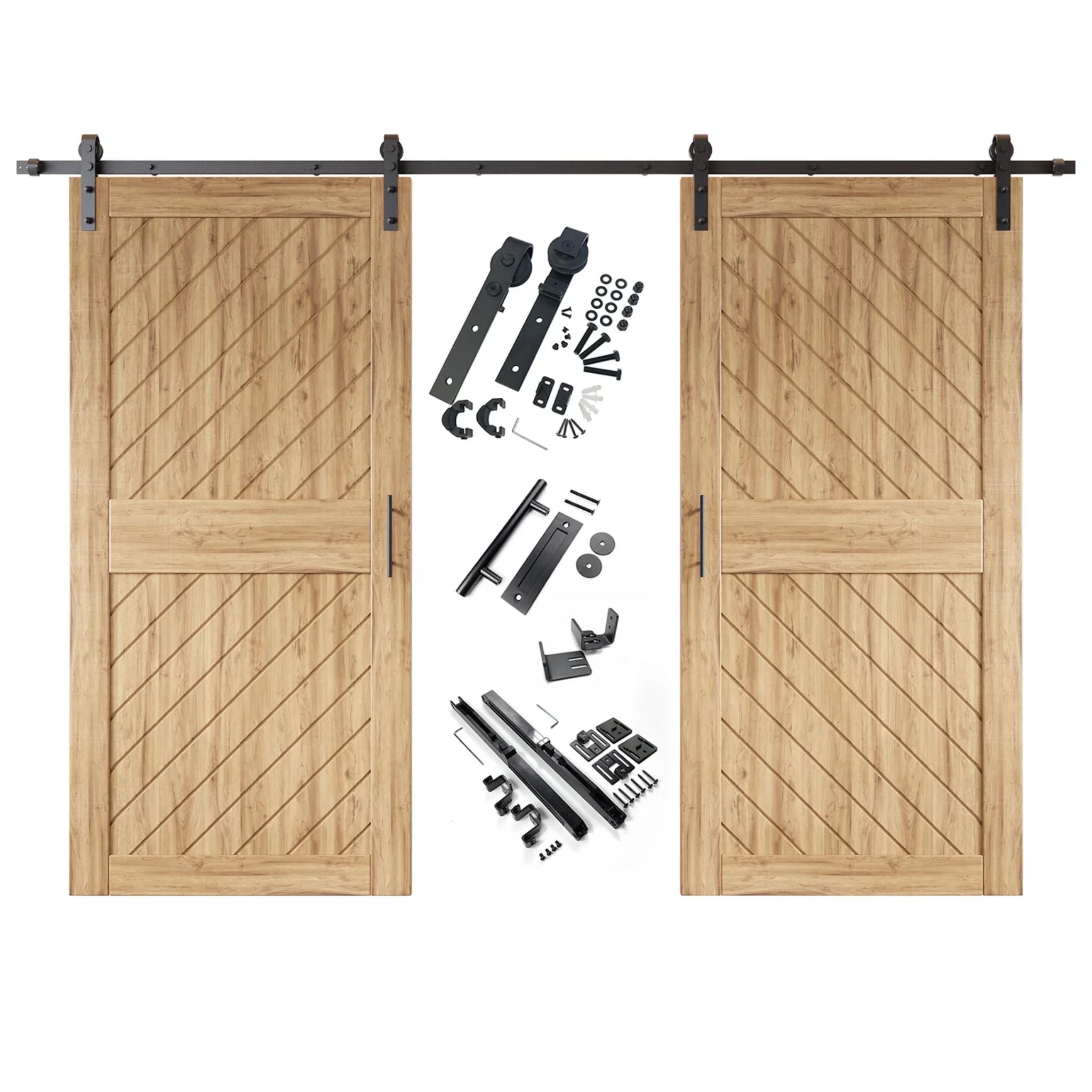Unfinished slanted wooden sliding barn doors with hardware components on a white background
