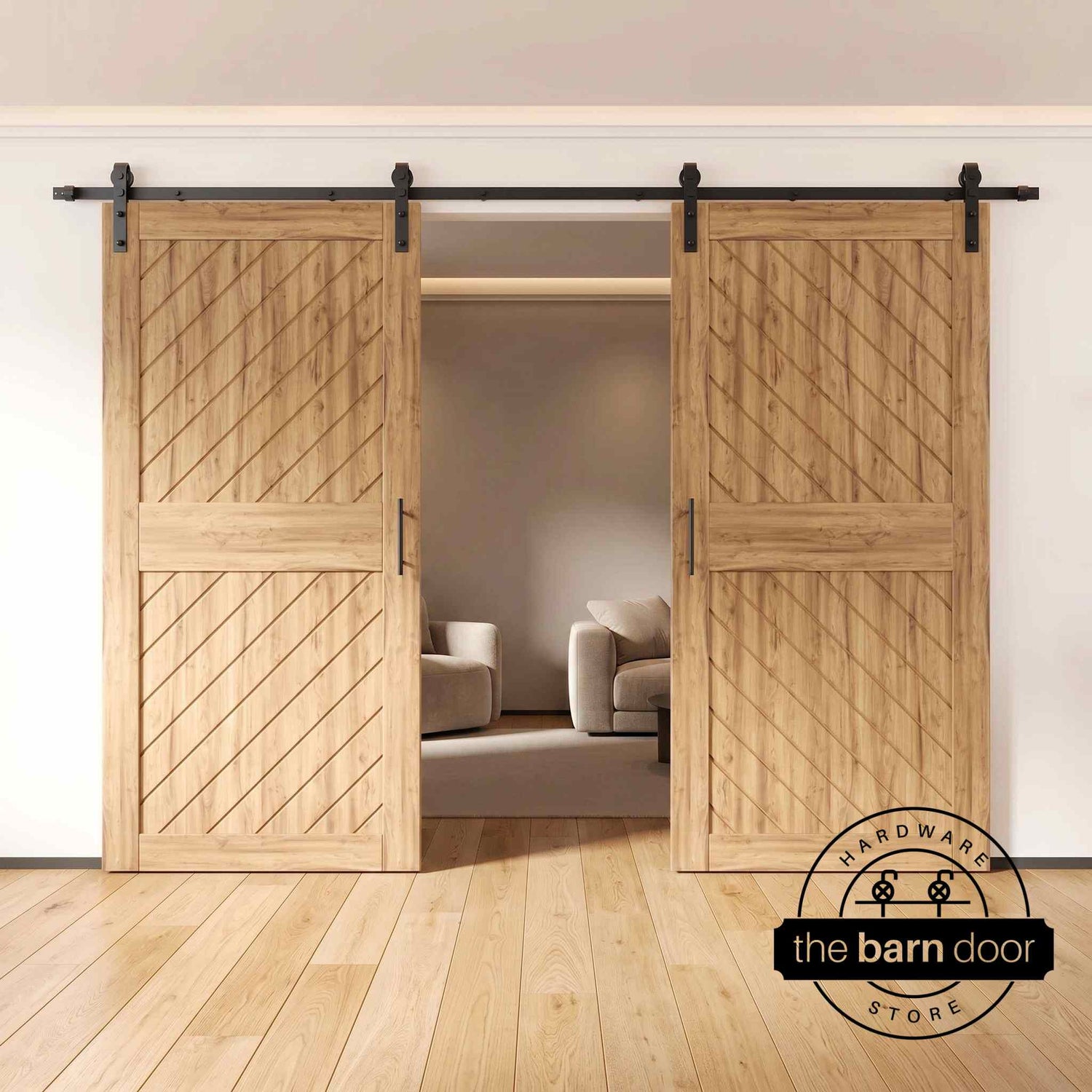 Unfinished wooden sliding barn doors with black hardware in front of a fireplace.